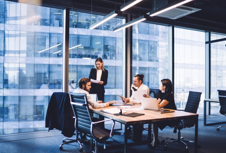 Businesswoman providing information to corporate workers of the company